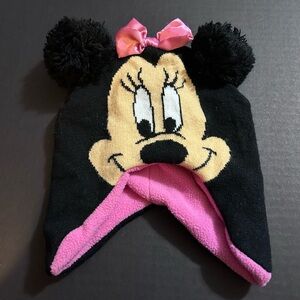 Disney Minnie Mouse Beanie Winter Hat Black Pink Knit Pom Poms Bow